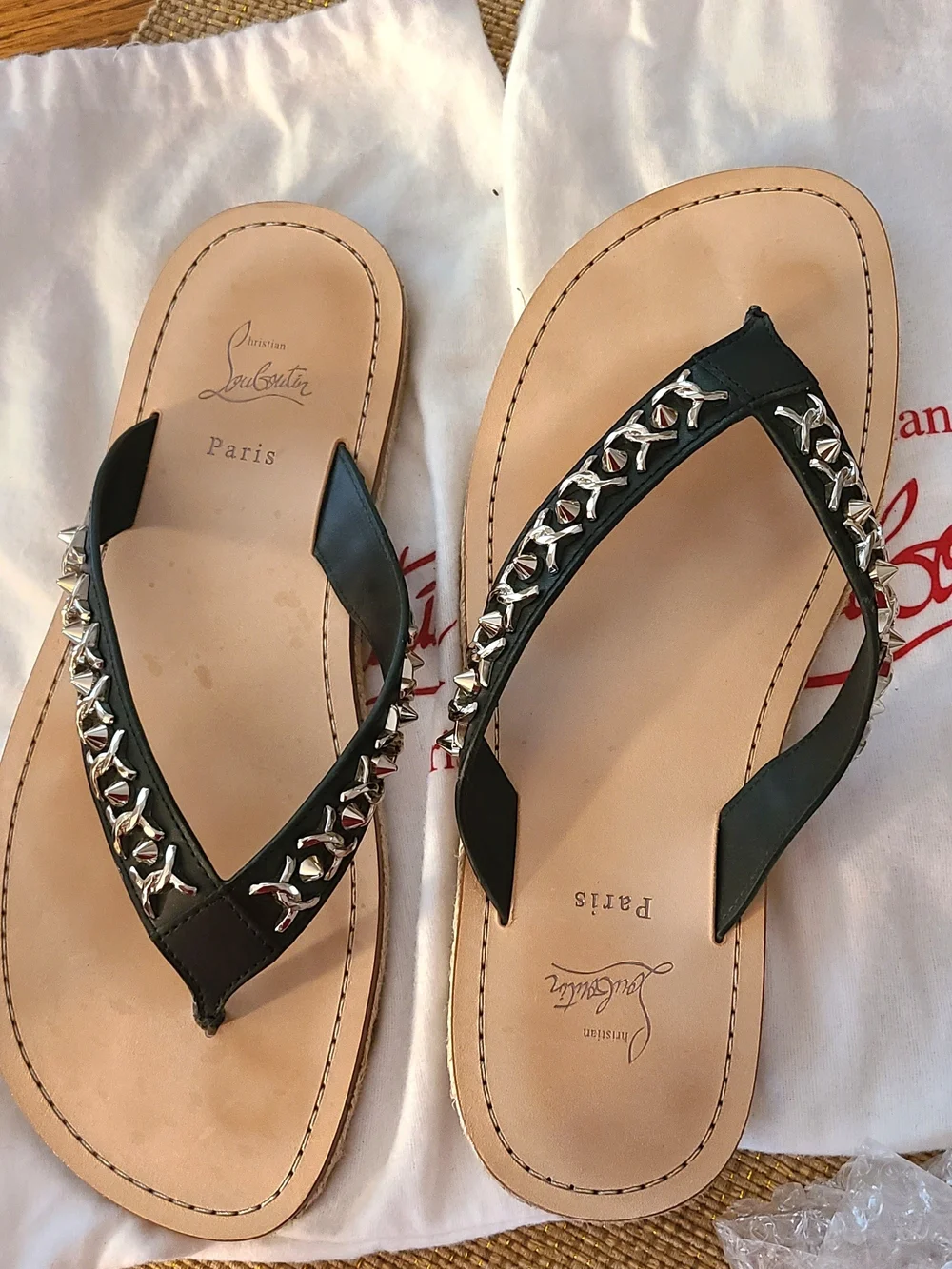 Christian Louboutin Black Embellished Leather Thong Sandals made In SPAIN.